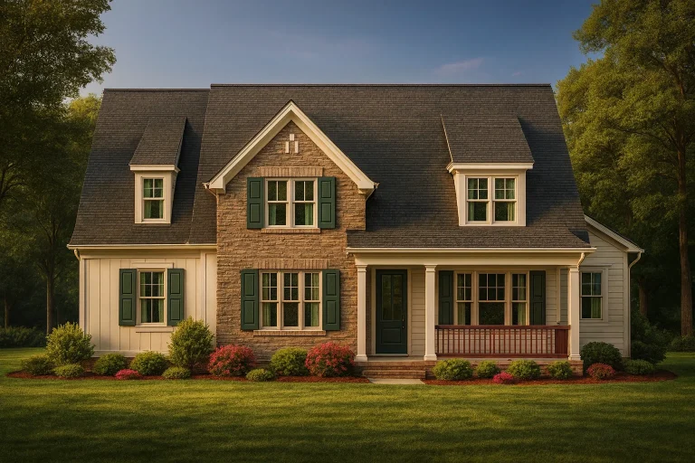 Front view of a Traditional Farmhouse with Cape Cod influences featuring board-and-batten siding, stone accents, gabled dormers, and a welcoming covered porch surrounded by lush landscaping