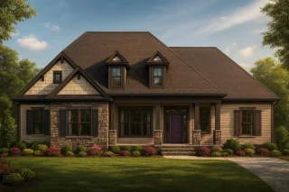 Front view of a Craftsman Traditional style house featuring stone accents, shake and horizontal lap siding, and a welcoming front porch with dormer windows
