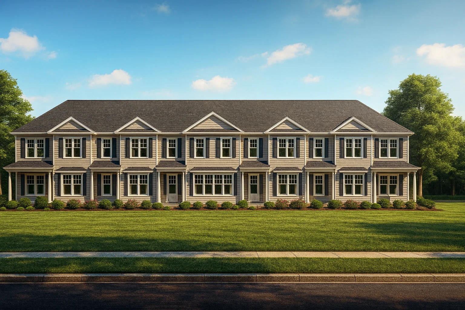 Front view of Colonial Traditional style townhome with symmetrical windows, horizontal siding, and classic architectural detailing