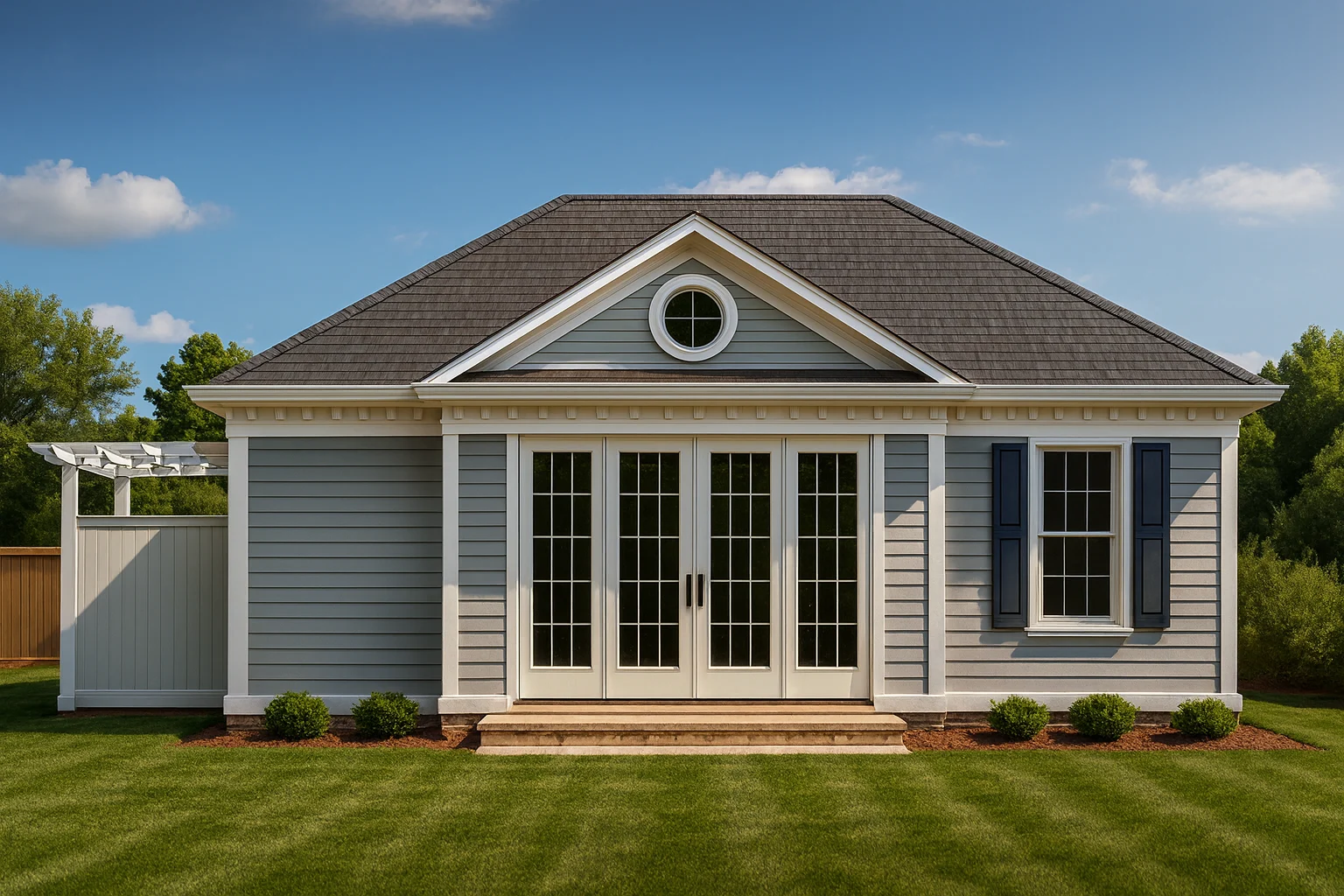 Front elevation of a Colonial Revival cottage-style guest house featuring symmetrical design, French doors, and horizontal siding exterior.