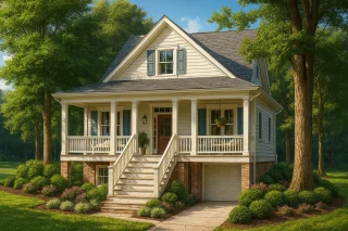 Front elevation of a Cottage and Traditional style home featuring horizontal siding, brick foundation, and a welcoming Southern-style porch surrounded by lush landscaping