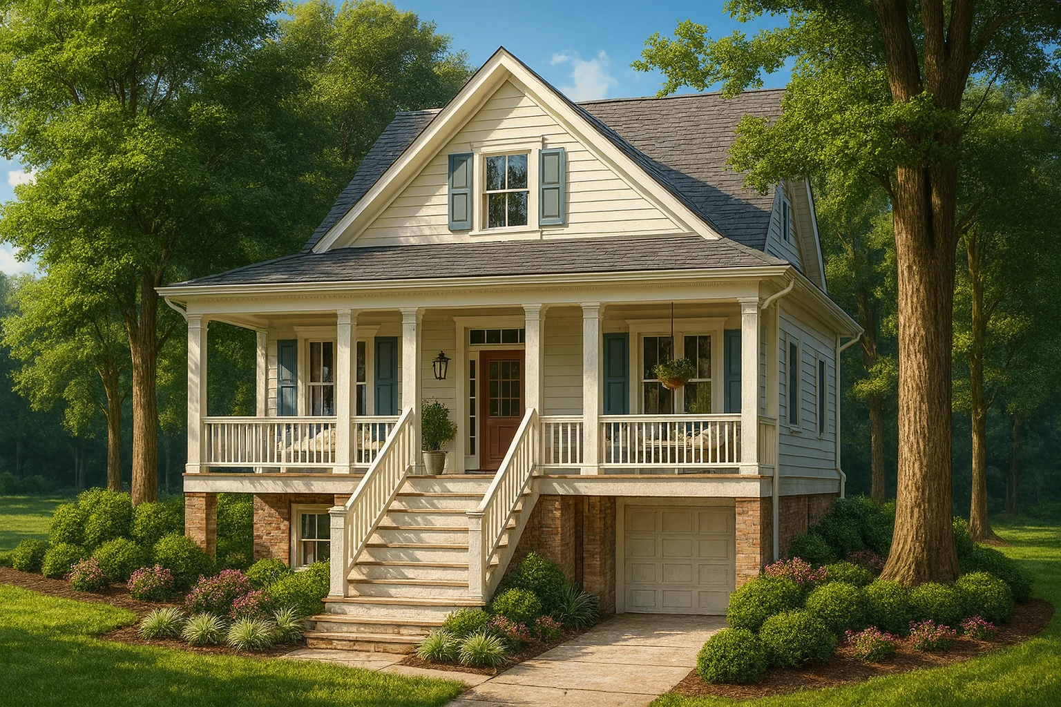 Front elevation of a Cottage and Traditional style home featuring horizontal siding, brick foundation, and a welcoming Southern-style porch surrounded by lush landscaping