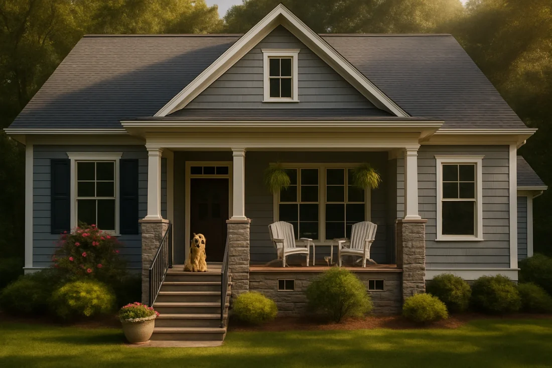 Front view of a Cottage Craftsman style home featuring gray horizontal siding, stone accents, white trim, and a welcoming covered porch with seating.
