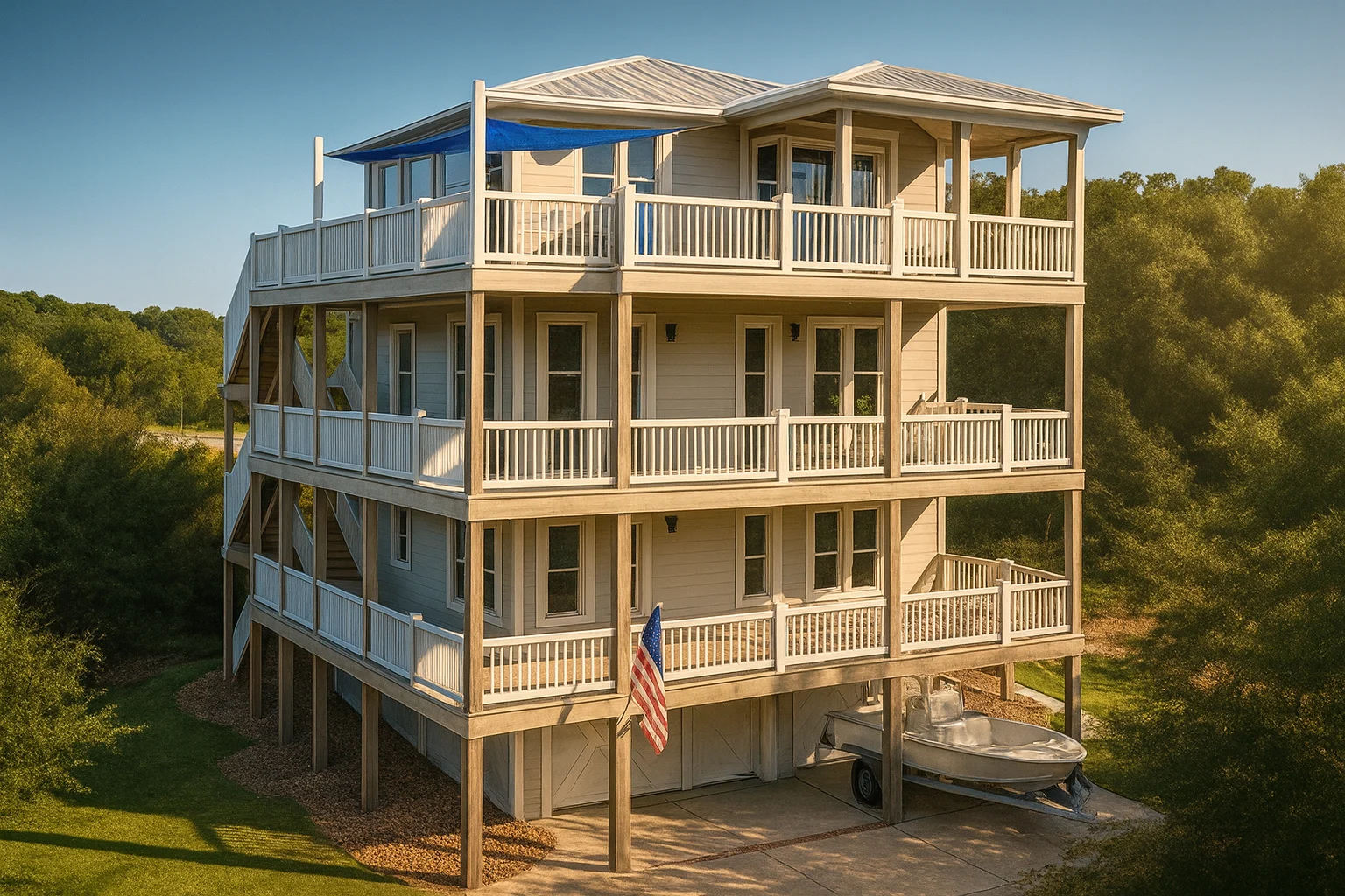 Elevated Coastal Beach style home with multiple wraparound porches, wood siding, pier foundation, and classic Low Country architecture