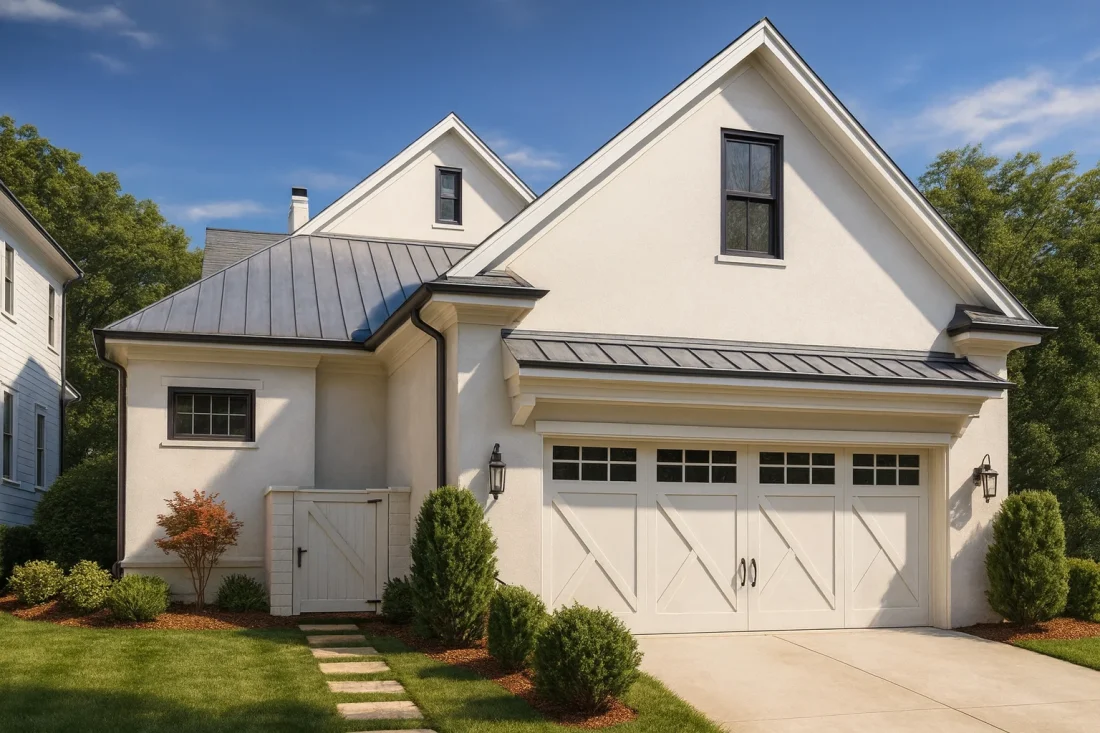 Front view of a Modern Farmhouse style home featuring smooth white stucco exterior, black metal roof, carriage garage doors, and clean transitional design elements