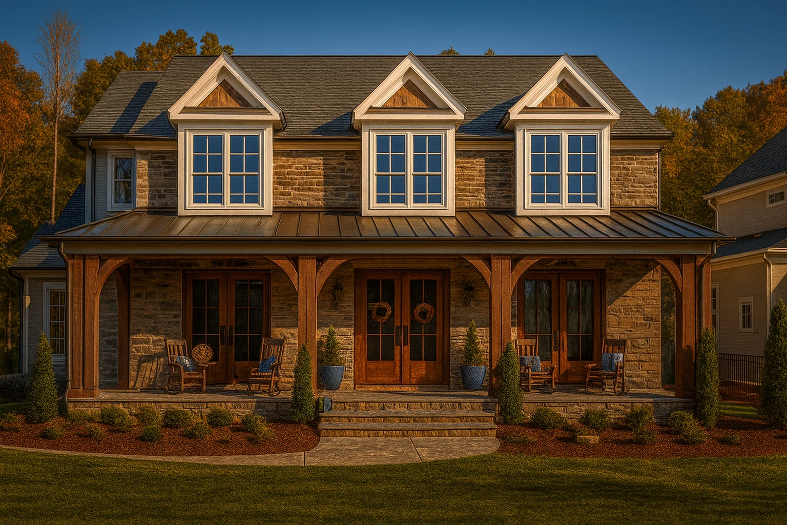 Front exterior of a Southern Farmhouse style home with Colonial symmetry, covered wraparound porch, lap siding, and gabled dormers