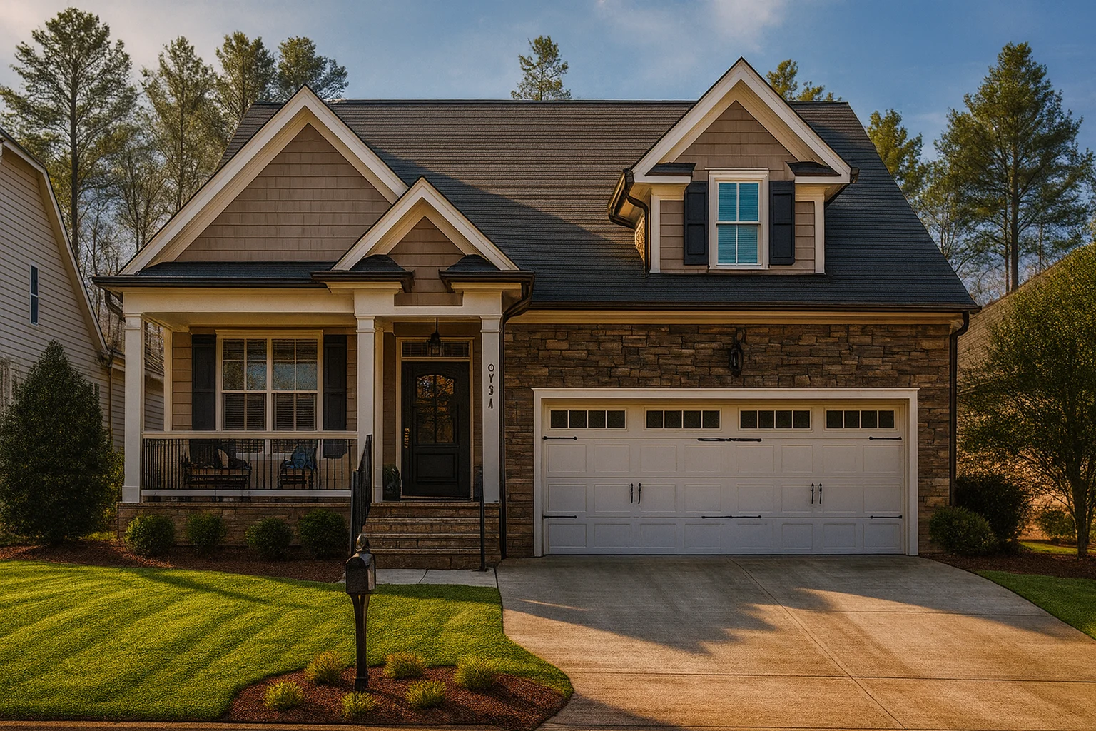 Front view of a Traditional Craftsman style home featuring stone, siding, covered porch, and classic suburban architectural details