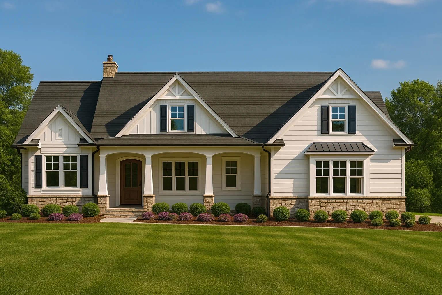 Front view of a Modern Farmhouse with board and batten siding, stone base, dark roof, and covered porch entry framed by clean white trim and gables.