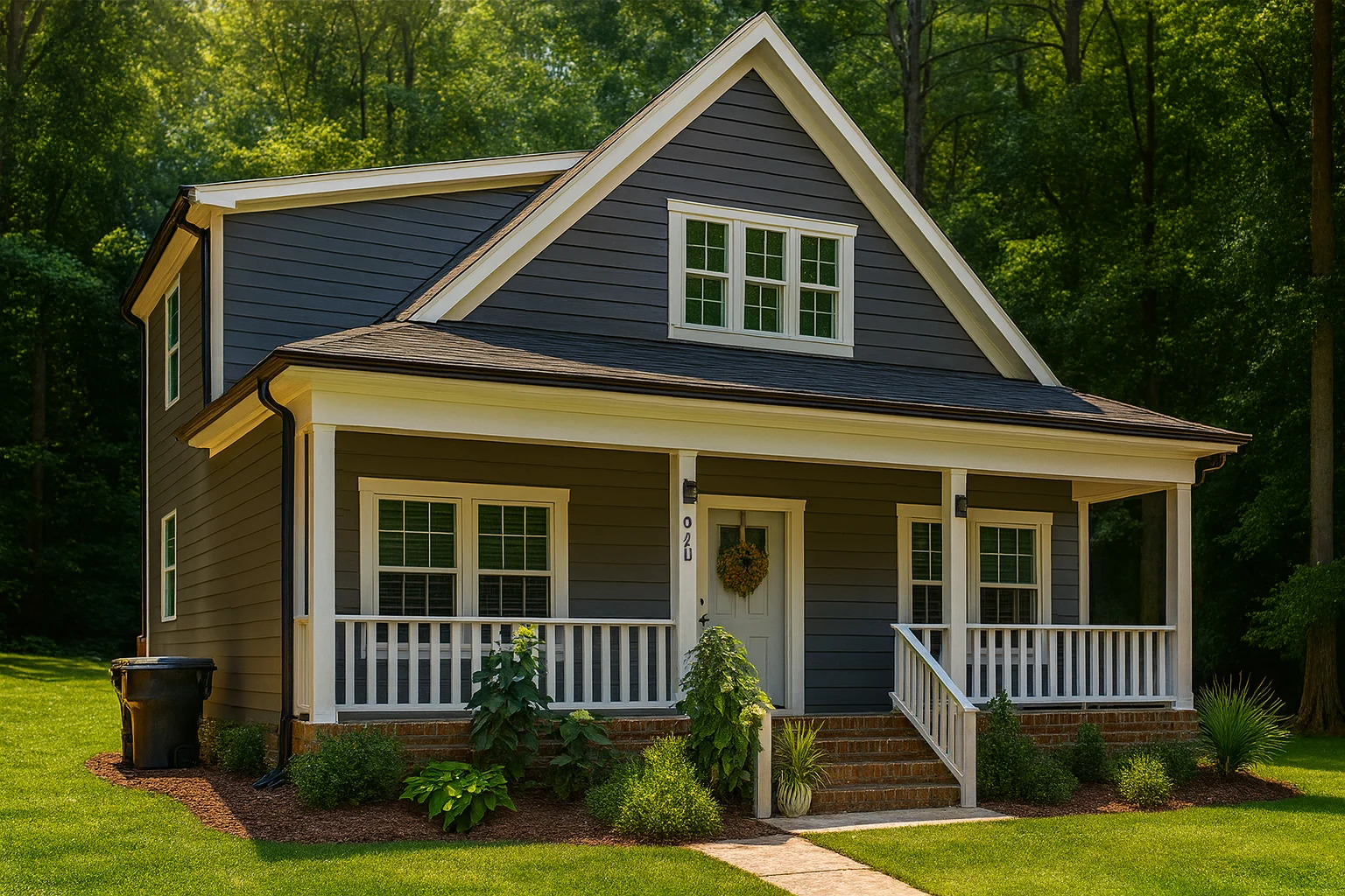 Front view of a Traditional Cottage style home featuring Craftsman-inspired detailing, lap siding, and a welcoming covered front porch surrounded by nature.