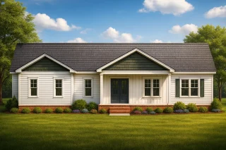Front view of a Traditional Ranch Farmhouse featuring white horizontal siding with board and batten gable accents, dark roof, and inviting front porch entry.