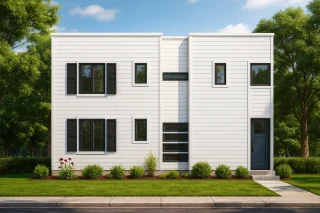 Front view of a modern minimalist style house featuring white horizontal lap siding, clean lines, and geometric window placement