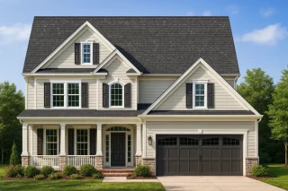 Front elevation of a Traditional Colonial style home with beige horizontal siding, black shutters, stone base, and a welcoming front porch