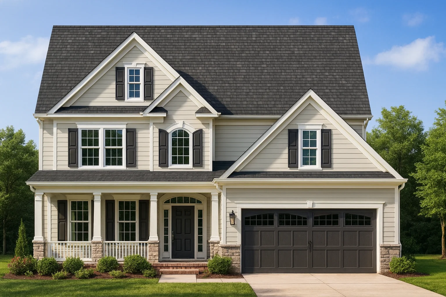 Front elevation of a Traditional Colonial style home with beige horizontal siding, black shutters, stone base, and a welcoming front porch