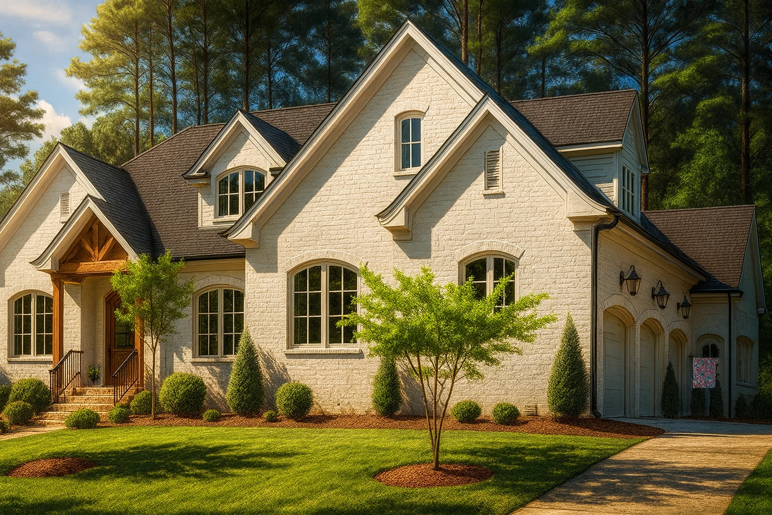 Front elevation of a French Country style home with painted brick exterior, subtle stone detailing, and elegant European-inspired rooflines surrounded by mature trees.