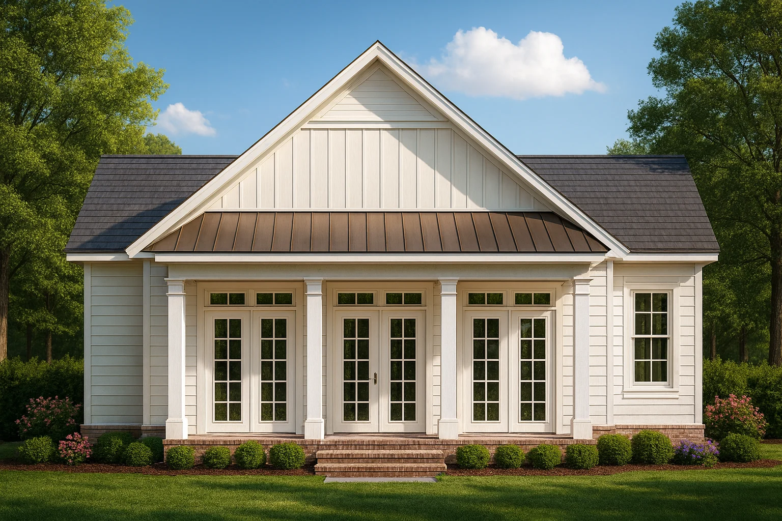 Front elevation of a Modern Farmhouse Cottage featuring crisp white board and batten siding, brick foundation, and gable roof design surrounded by lush greenery