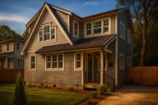 Front view of a Modern Farmhouse with horizontal lap and board and batten siding, gable rooflines, and warm evening lighting highlighting its inviting curb appeal