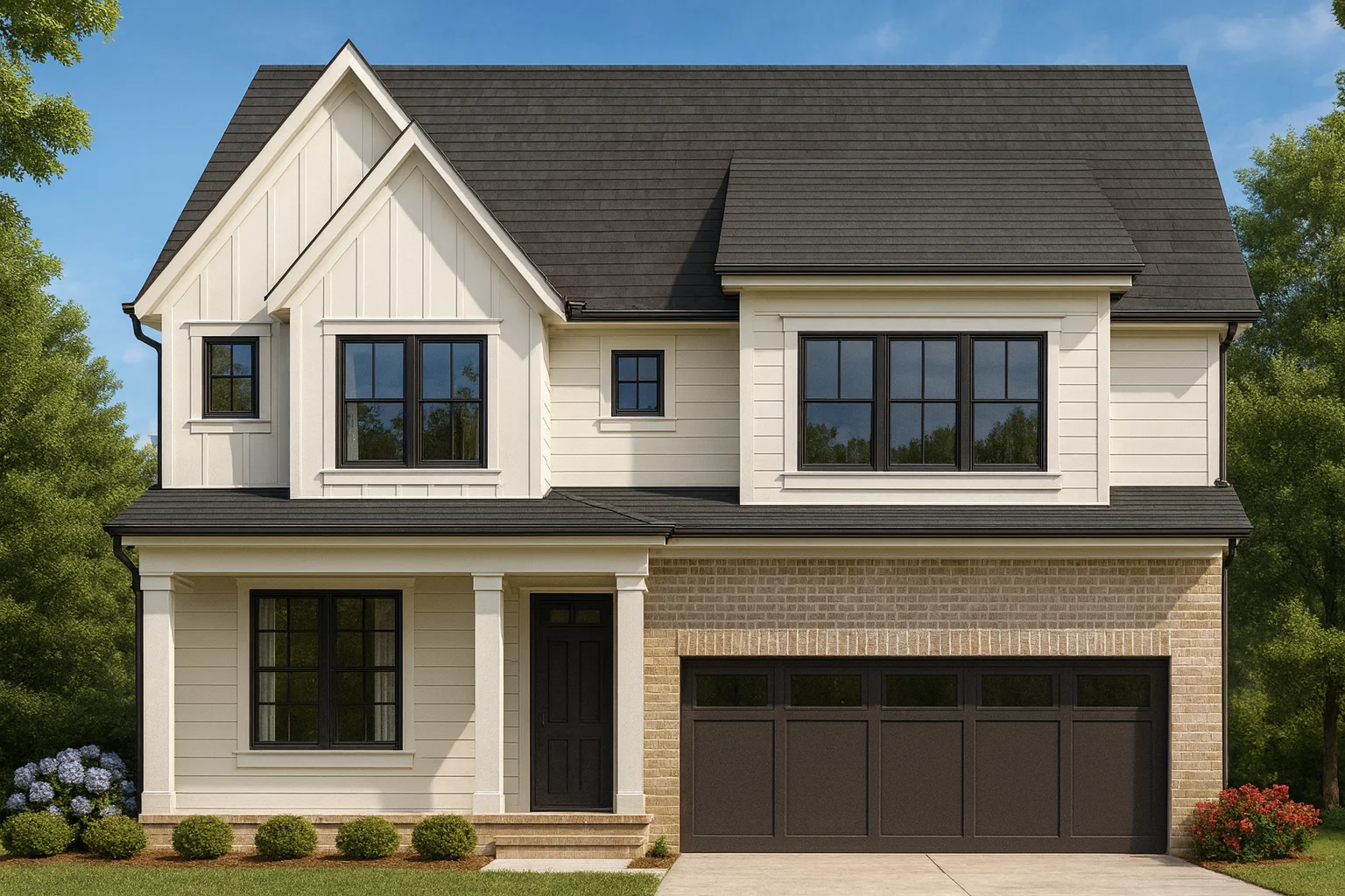 Front view of a Modern Farmhouse style home with brick and board and batten exterior, black framed windows, and a front-entry garage