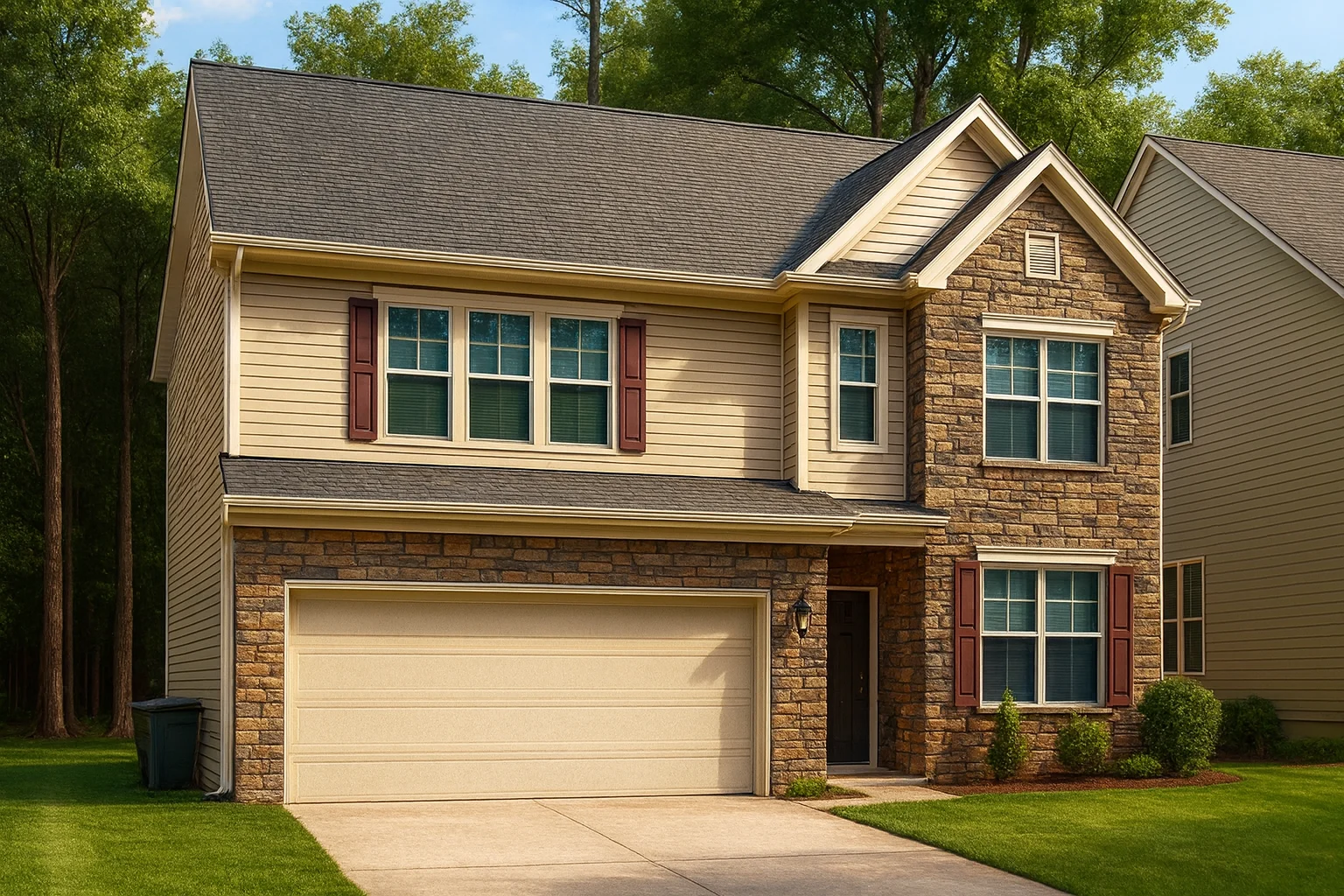 Front elevation of a Traditional Suburban Colonial style home featuring horizontal siding, stone veneer, and a symmetrical two-story façade with gable accents.
