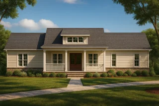 Front exterior view of a Traditional Ranch style Southern Farmhouse featuring horizontal siding, brick foundation, and a welcoming covered front porch.