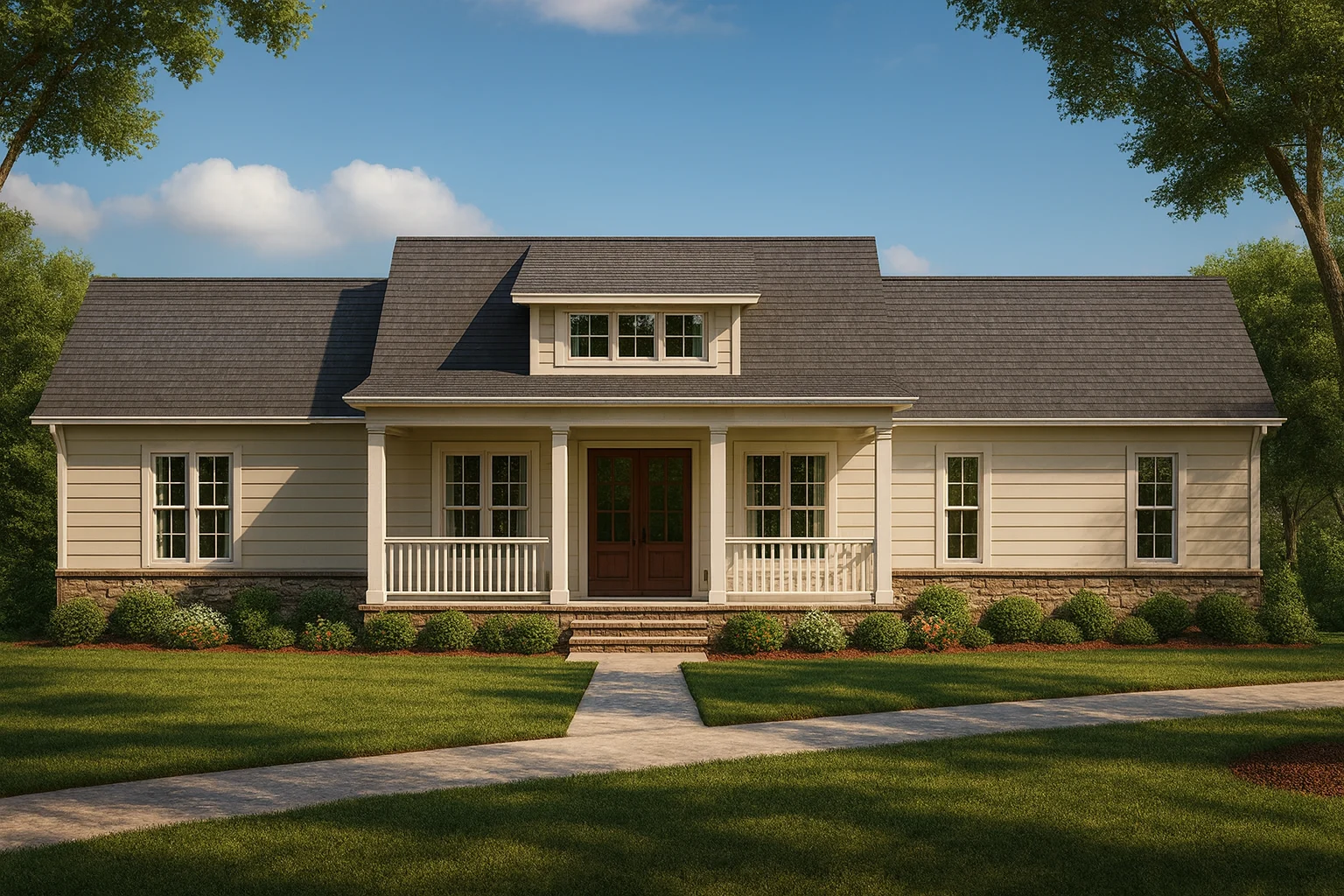 Front exterior view of a Traditional Ranch style Southern Farmhouse featuring horizontal siding, brick foundation, and a welcoming covered front porch.