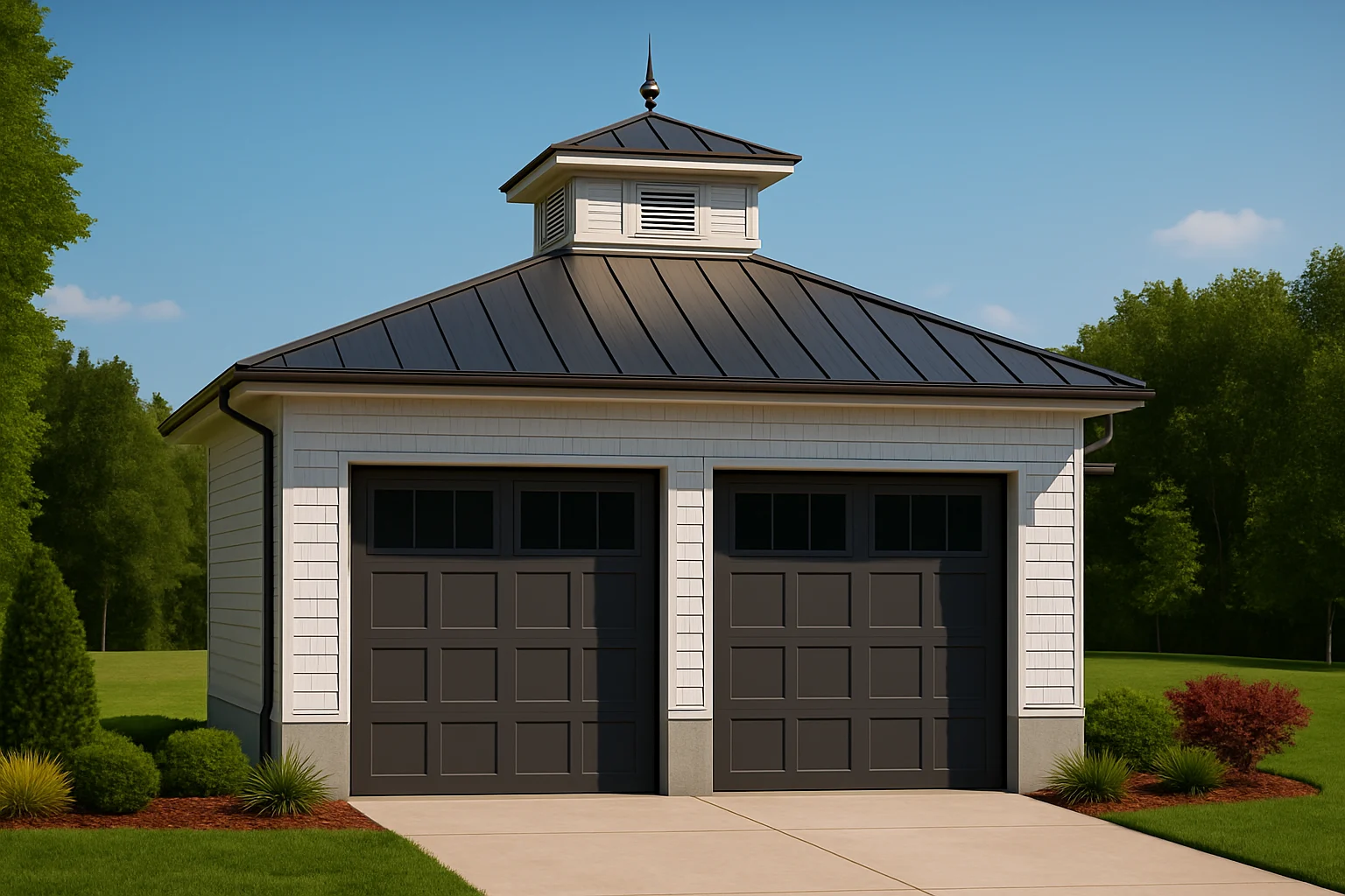 Front exterior view of a Traditional New American style carriage house garage with horizontal lap siding, standing seam metal roof, and symmetrical design