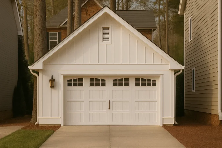 Front elevation of a modern farmhouse carriage house garage with white board and batten siding and paneled carriage doors