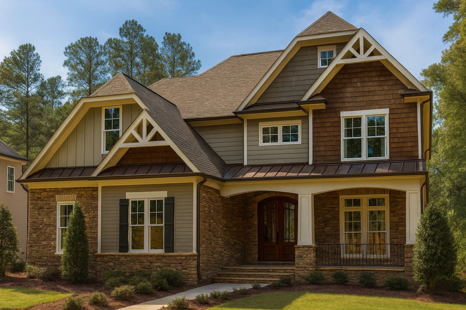 Front elevation of a Traditional Craftsman New American home featuring stone, shake siding, board-and-batten accents, and decorative gable details