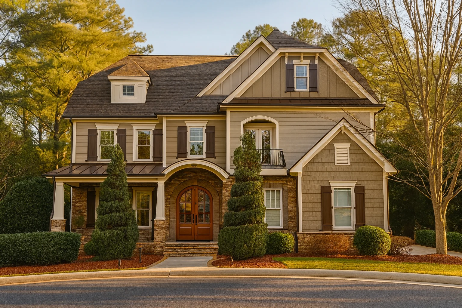 Front elevation of a Traditional home featuring siding, shutters, arched entry, and stone accents
