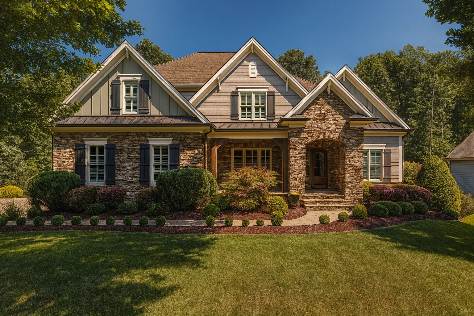 Front exterior view of a New American modern traditional house featuring stone and brick façade, symmetrical gables, shuttered windows, and landscaped entry