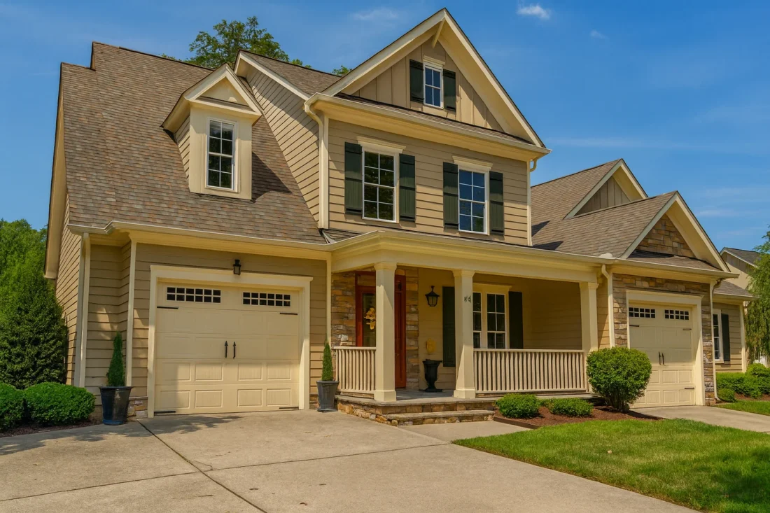 Front view of a Traditional Craftsman suburban home featuring horizontal lap siding, shake gables, stone column bases, and a welcoming covered porch