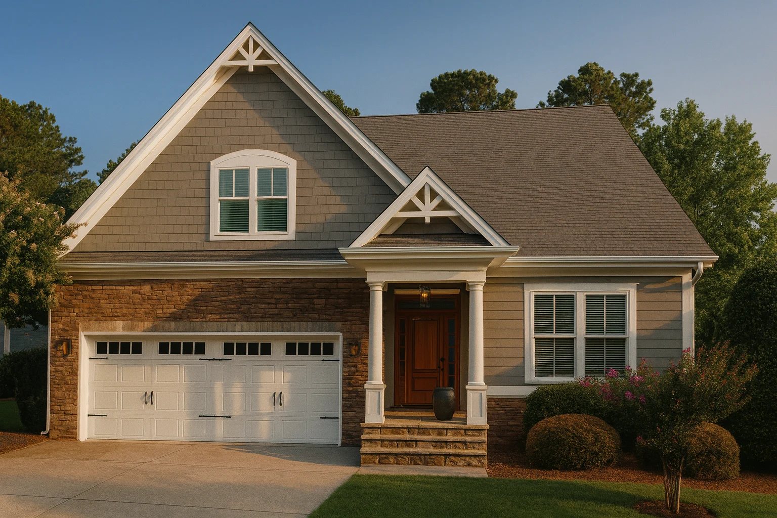 Front view of a Traditional Craftsman style home featuring brick and horizontal lap siding with decorative gable trim and a welcoming porch