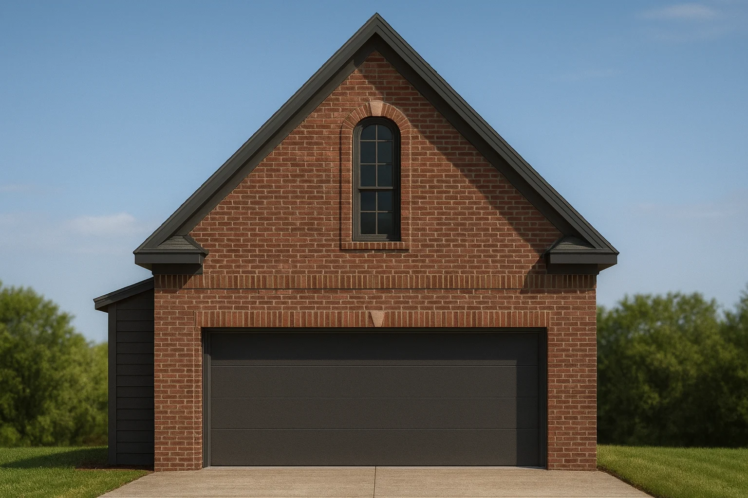 Front elevation of a traditional carriage house style garage apartment with red brick exterior, steep gable roof, and arched upper window
