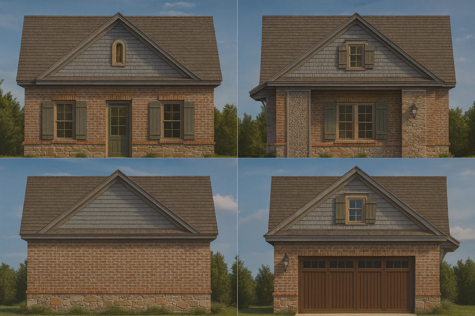 Traditional Colonial style carriage house with brick exterior, gabled roof, upper siding, and front-entry garage elevation