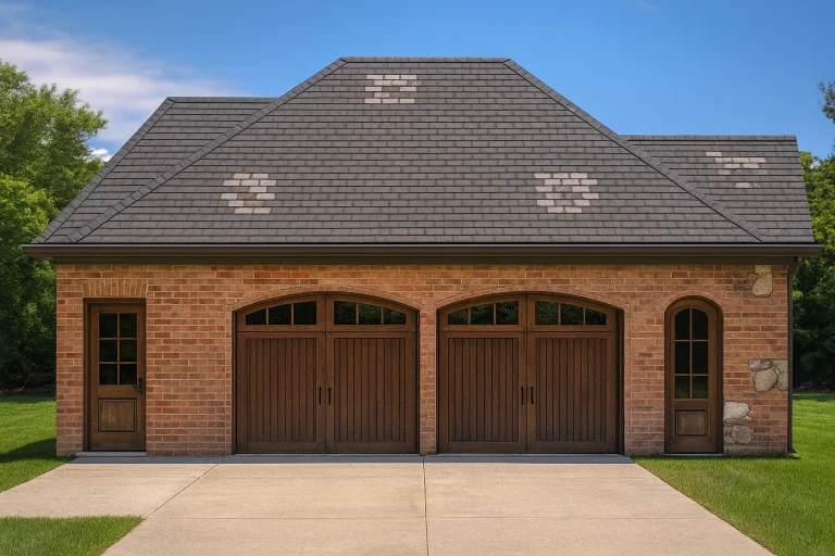 Front elevation of Traditional Colonial style brick carriage house garage with arched wood carriage doors and hipped roof