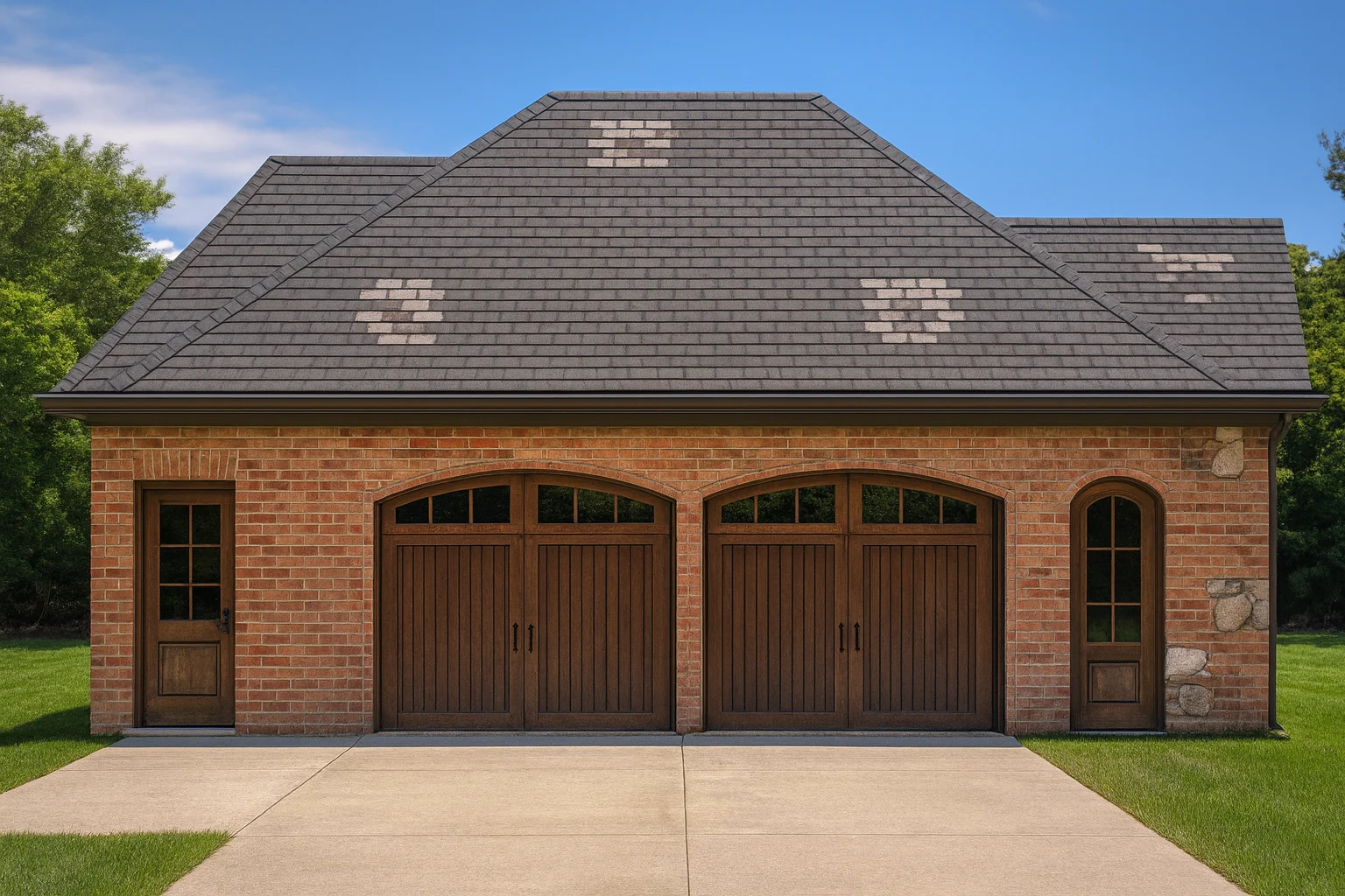 Front elevation of Traditional Colonial style brick carriage house garage with arched wood carriage doors and hipped roof