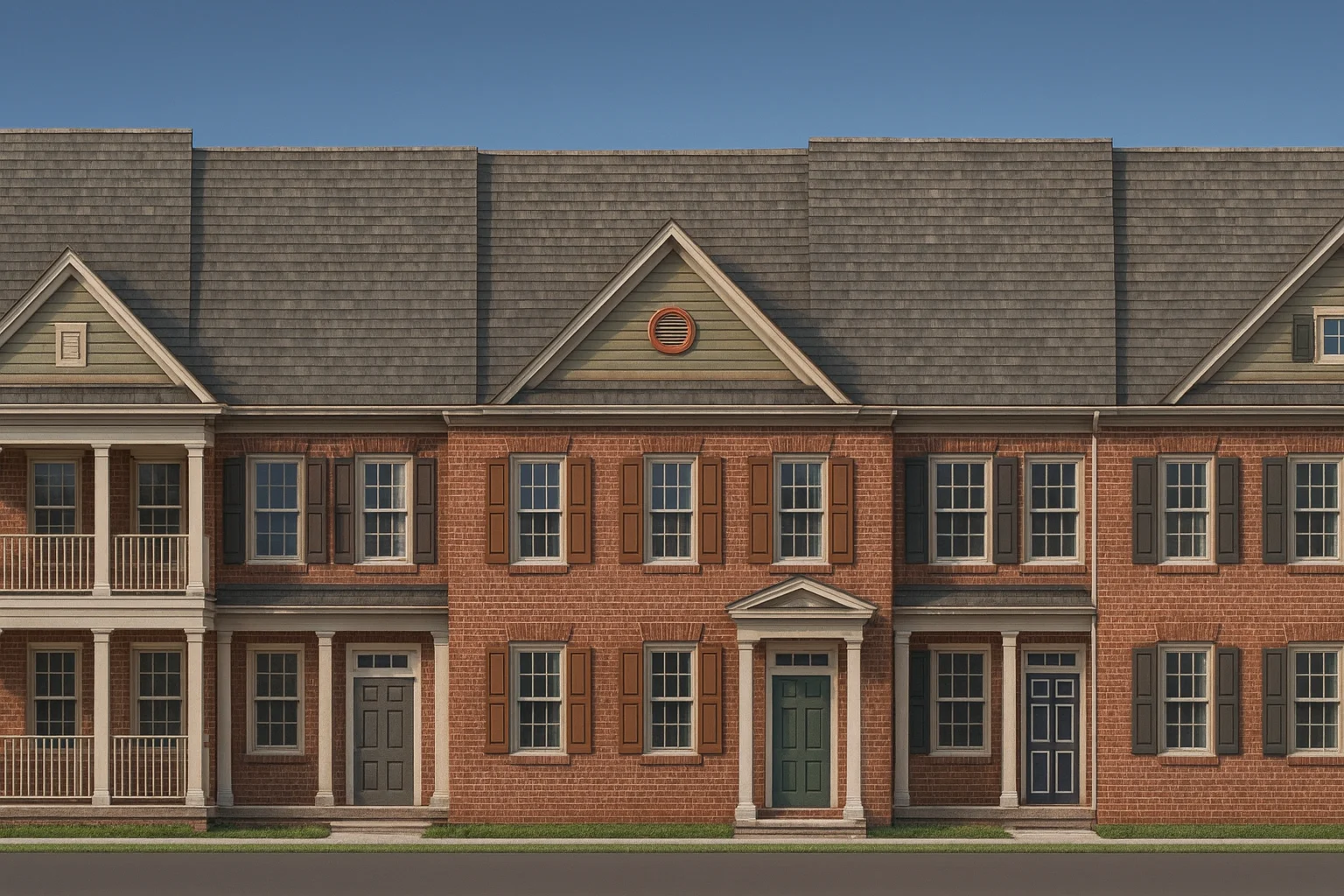 Colonial 5-unit townhome front and rear elevations with symmetrical façade and classic design details