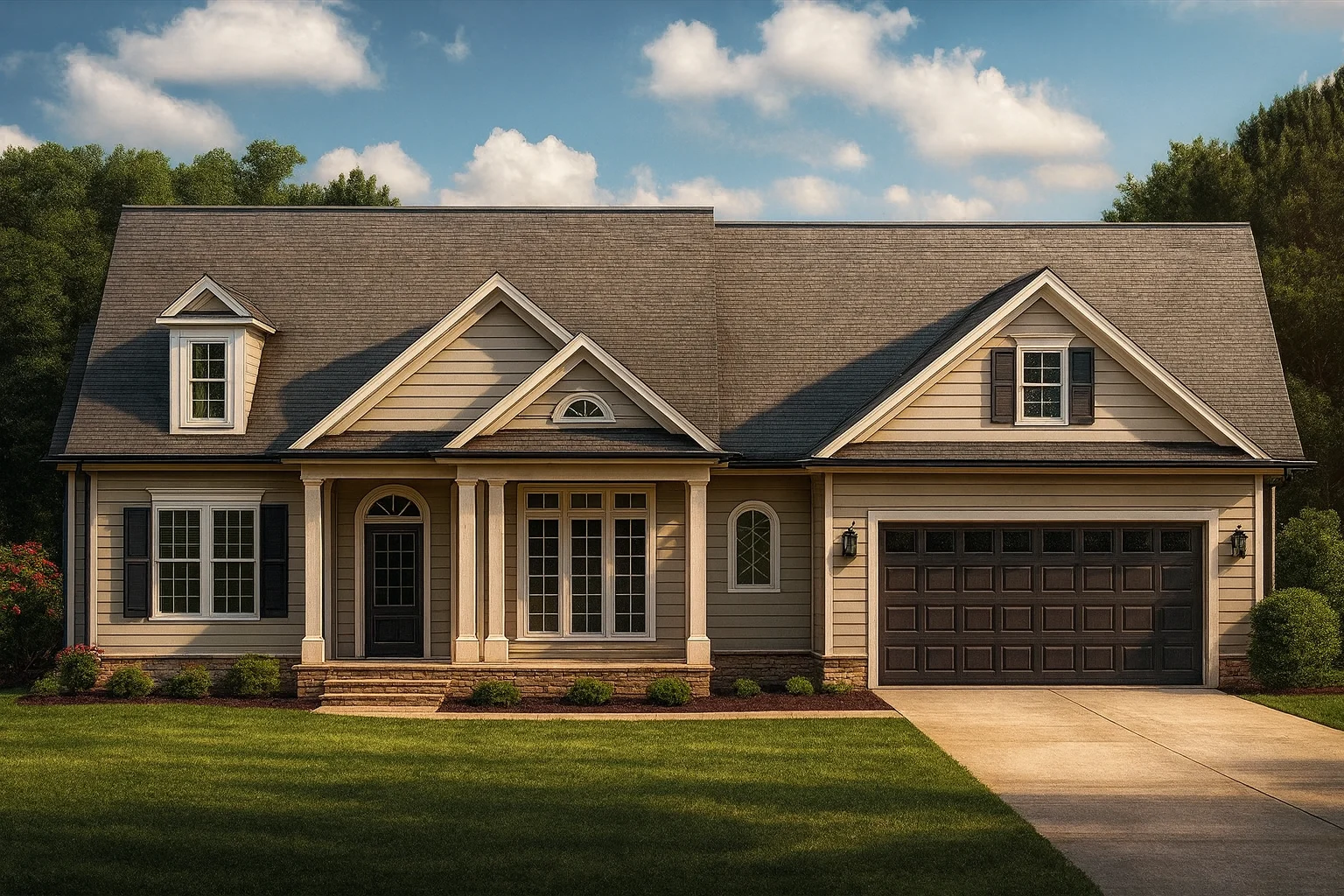 Front view of a Traditional Cape Cod style home featuring horizontal lap siding, gable dormers, and a welcoming covered porch entry with symmetrical design.