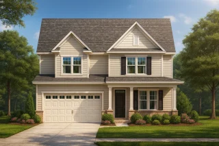 Front view of a Traditional Colonial style home featuring horizontal siding, brick accents, and symmetrical windows with black shutters