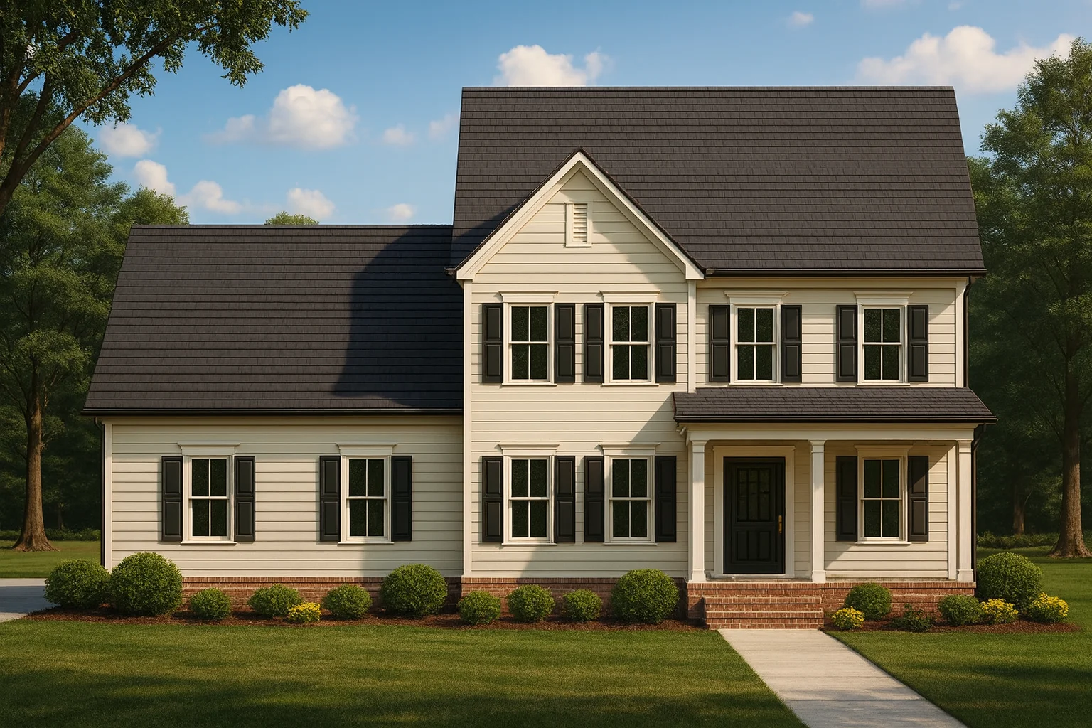 Front elevation of a Traditional Colonial style house featuring horizontal lap siding, black shutters, and a brick foundation accent with a covered entry porch.