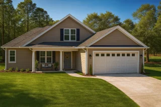 Front view of a Traditional Ranch style home featuring Craftsman accents, horizontal lap siding, board and batten gables, and an attached two-car garage