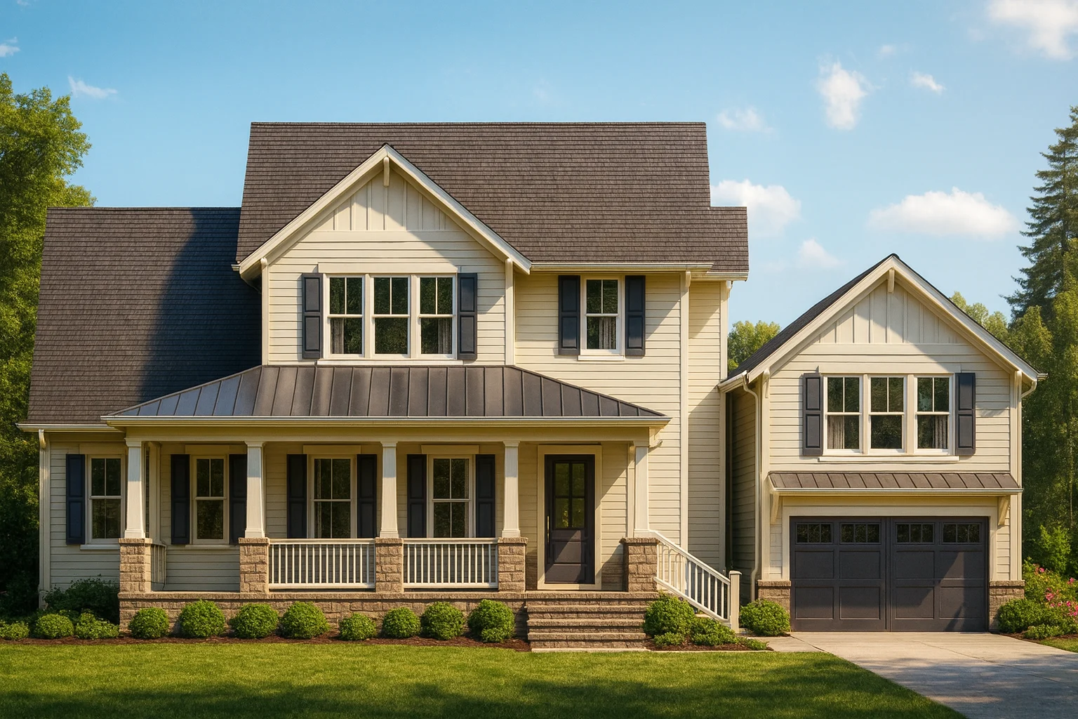 Front view of a Modern Farmhouse style home featuring horizontal siding, board and batten gables, and stone accents on the porch and foundation.