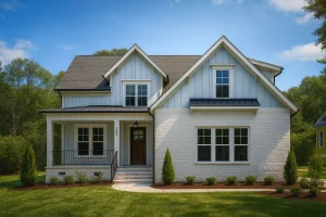 Front view of a Modern Farmhouse style home showcasing a white painted brick exterior with board and batten siding accents, black metal roof details, and inviting covered porch entry