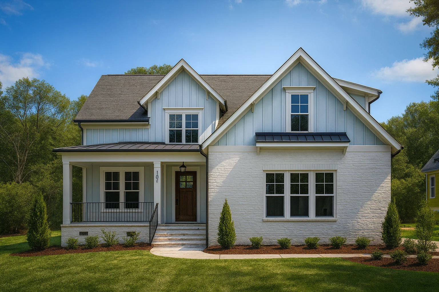 Front view of a Modern Farmhouse style home showcasing a white painted brick exterior with board and batten siding accents, black metal roof details, and inviting covered porch entry