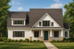 Front view of a Modern Farmhouse style home featuring board and batten siding, stone column bases, and a welcoming covered porch entry