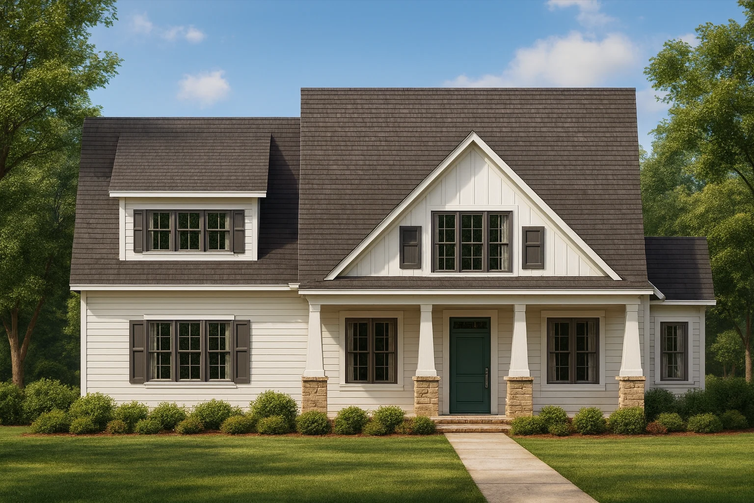 Front view of a Modern Farmhouse style home featuring board and batten siding, stone column bases, and a welcoming covered porch entry