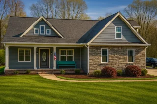 Front elevation of a Traditional Craftsman Farmhouse featuring gray lap siding, stone accents, gabled dormer, and welcoming covered porch