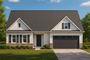 Front elevation of a Traditional Cape Cod home with horizontal siding, stone accents, black shutters, and a two-car garage