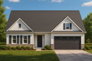 Front elevation of a Traditional Cape Cod home with horizontal siding, stone accents, black shutters, and a two-car garage