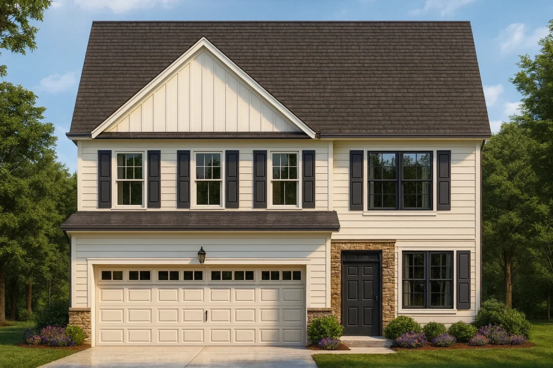 Front view of a Traditional Colonial style home featuring board and batten siding, stone base detailing, black shutters, and a symmetrical two-story façade with attached garage