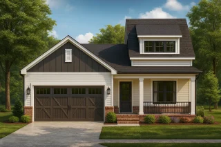 Front view of a Modern Farmhouse style home featuring board and batten siding, horizontal lap siding, and brick accents with a front porch and dormer window.